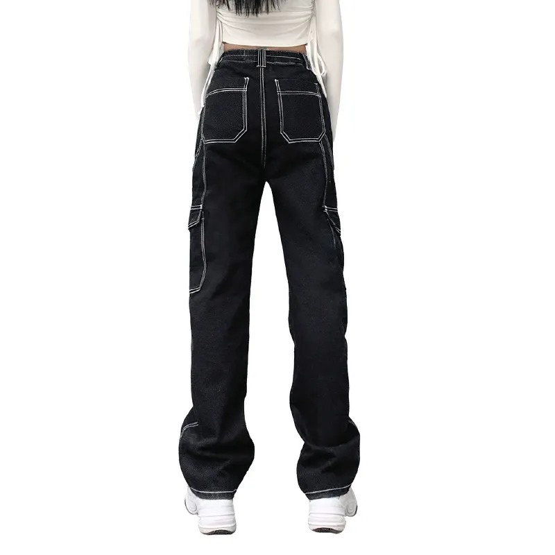 Women's Black Pants / Cotton Streetwear Straight High Waist Ladies Pants