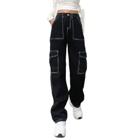 Women's Black Pants / Cotton Streetwear Straight High Waist Ladies Pants