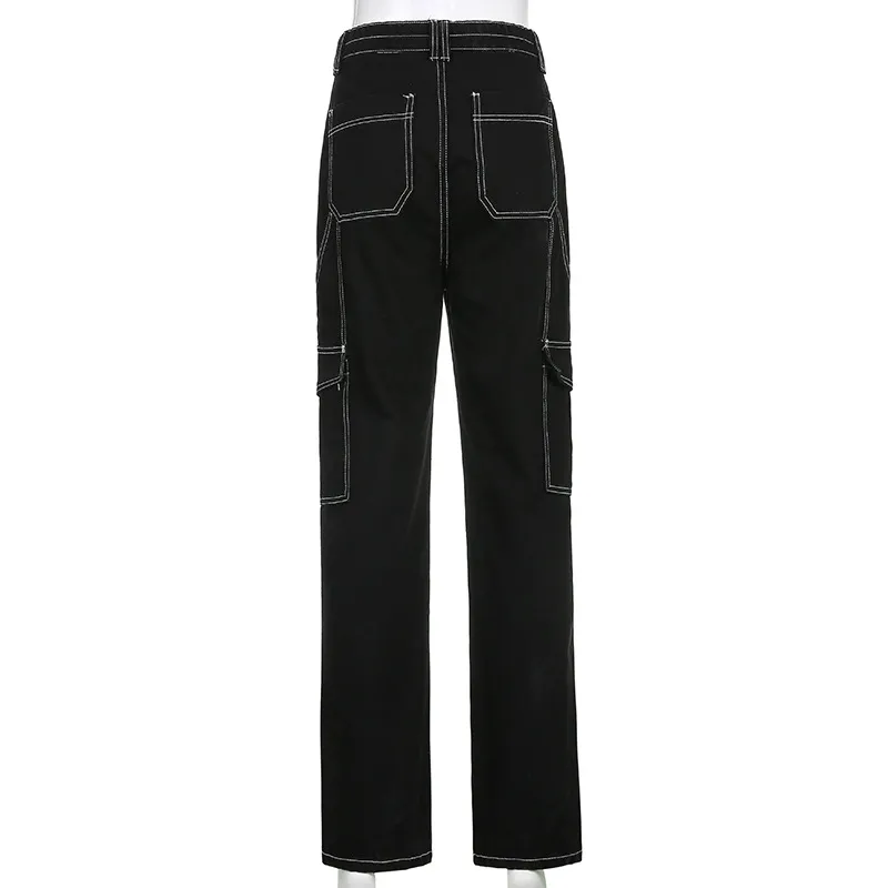 Women's Black Pants / Cotton Streetwear Straight High Waist Ladies Pants