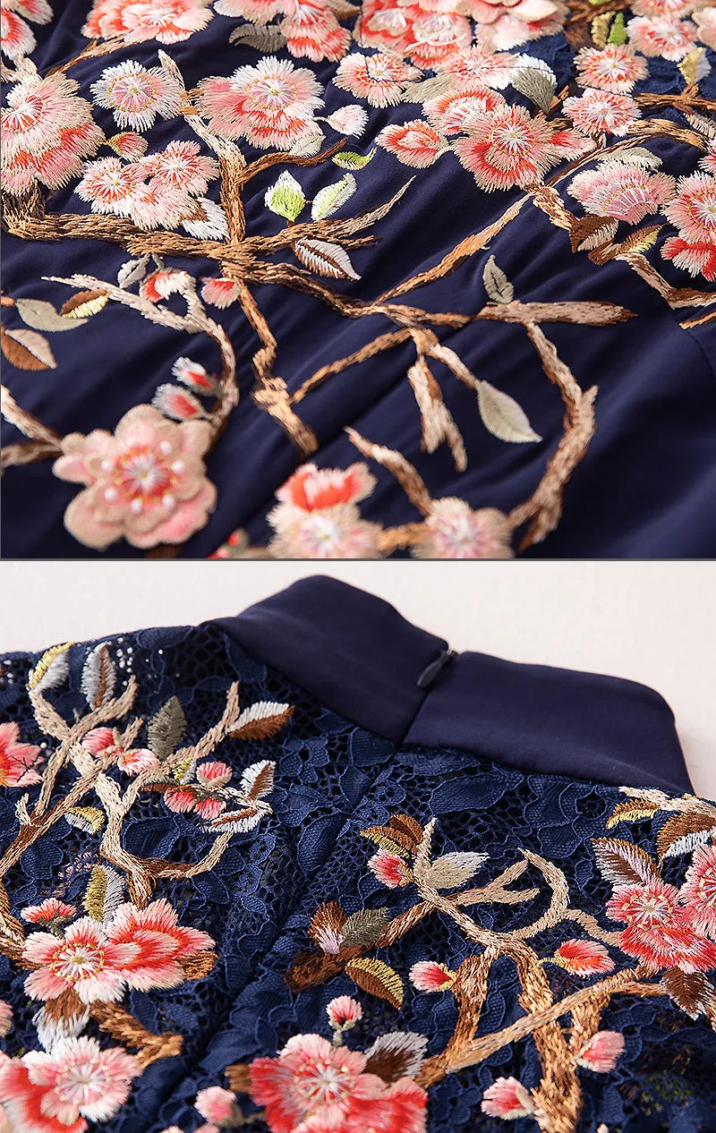 Women's Elegant Embroidered Flower Midi Dress