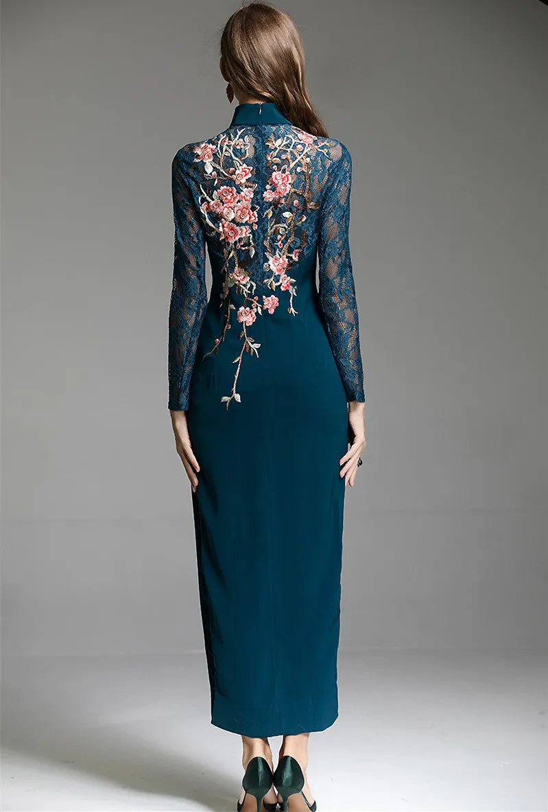 Women's Elegant Embroidered Flower Midi Dress