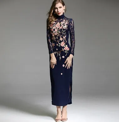 Women's Elegant Embroidered Flower Midi Dress