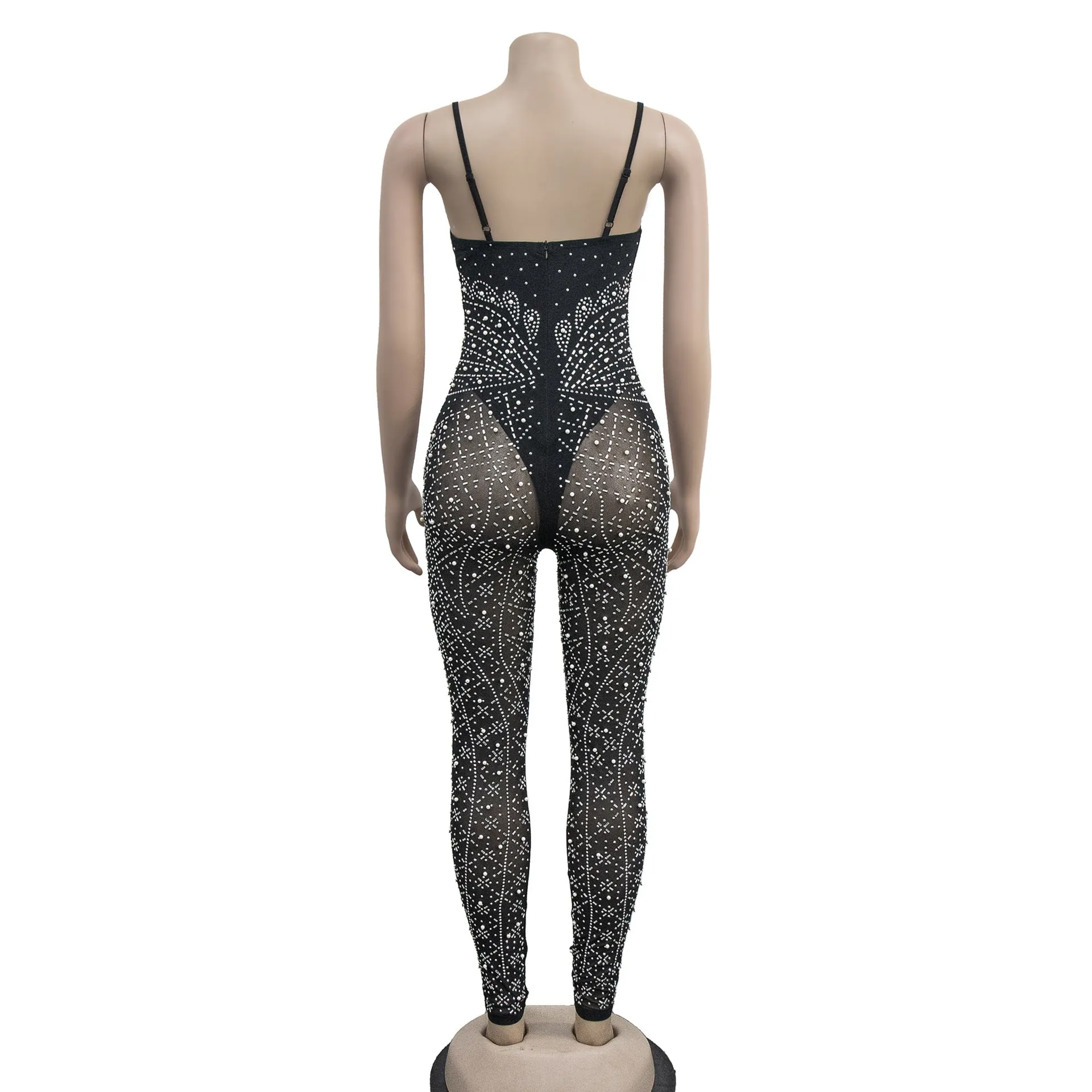 Women's Wear Pure Color Mesh Rhinestone Sleeveless Trousers Jumpsuit