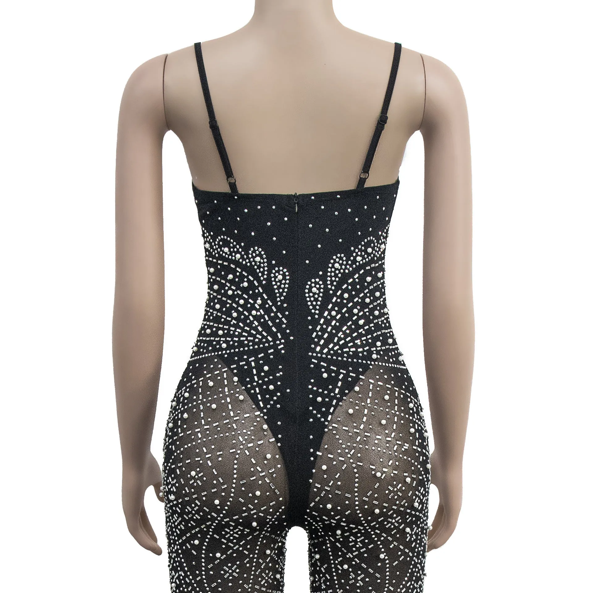 Women's Wear Pure Color Mesh Rhinestone Sleeveless Trousers Jumpsuit