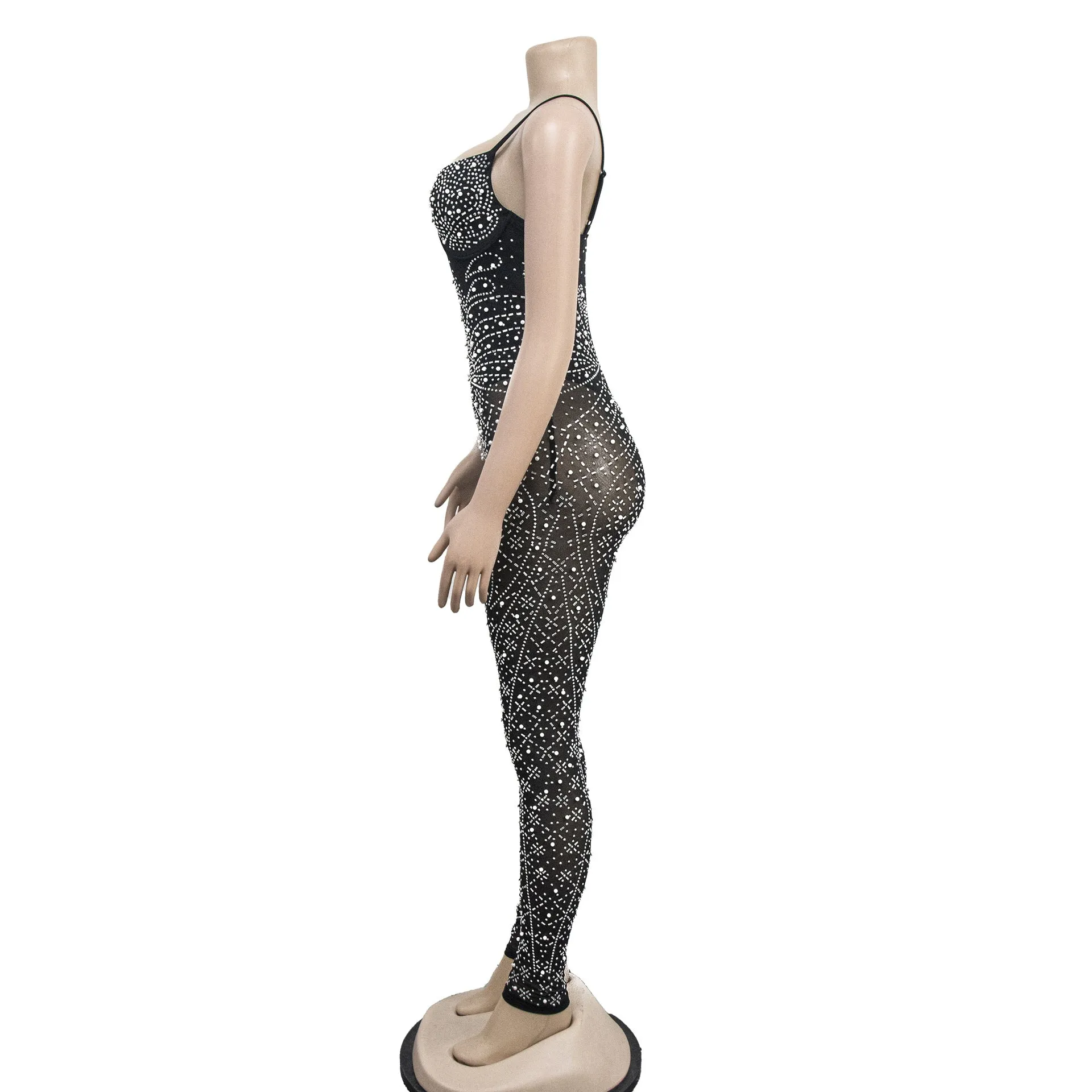 Women's Wear Pure Color Mesh Rhinestone Sleeveless Trousers Jumpsuit