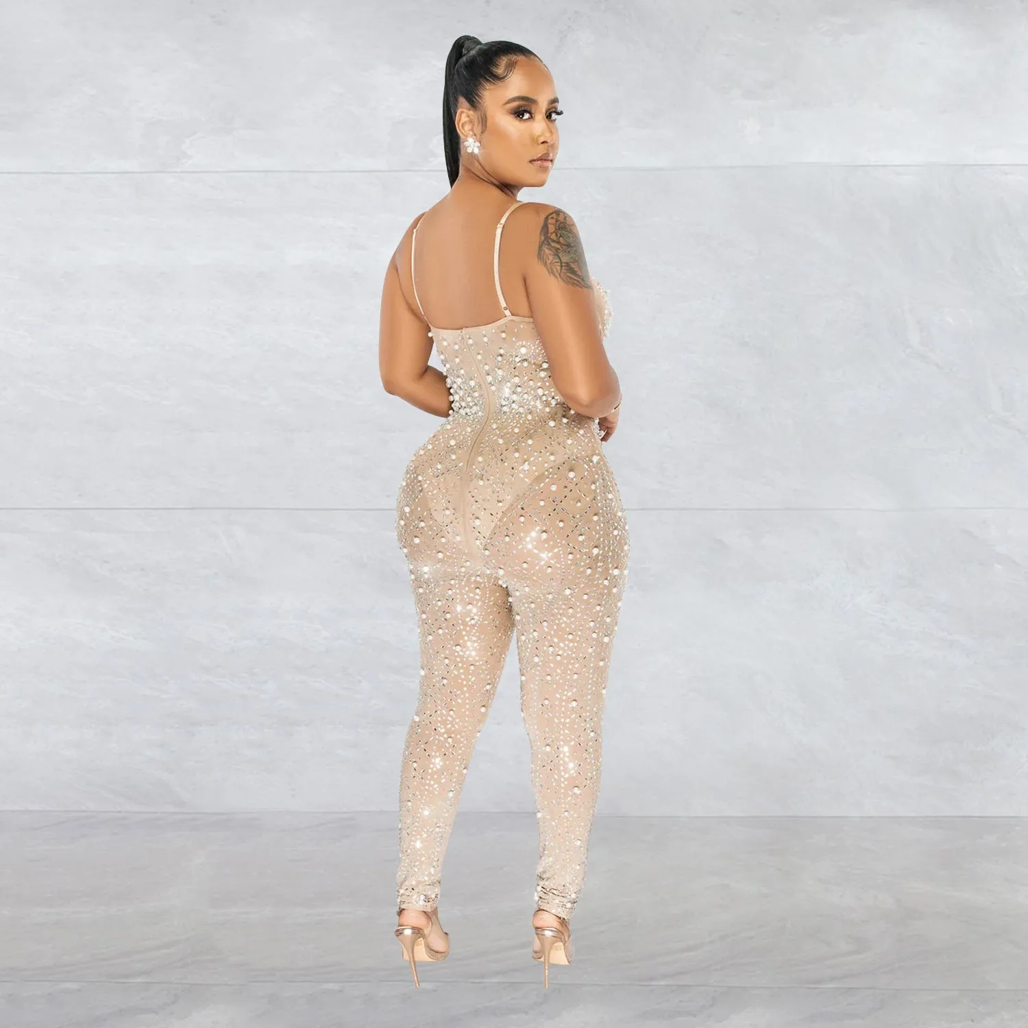 Women's Wear Pure Color Mesh Rhinestone Sleeveless Trousers Jumpsuit