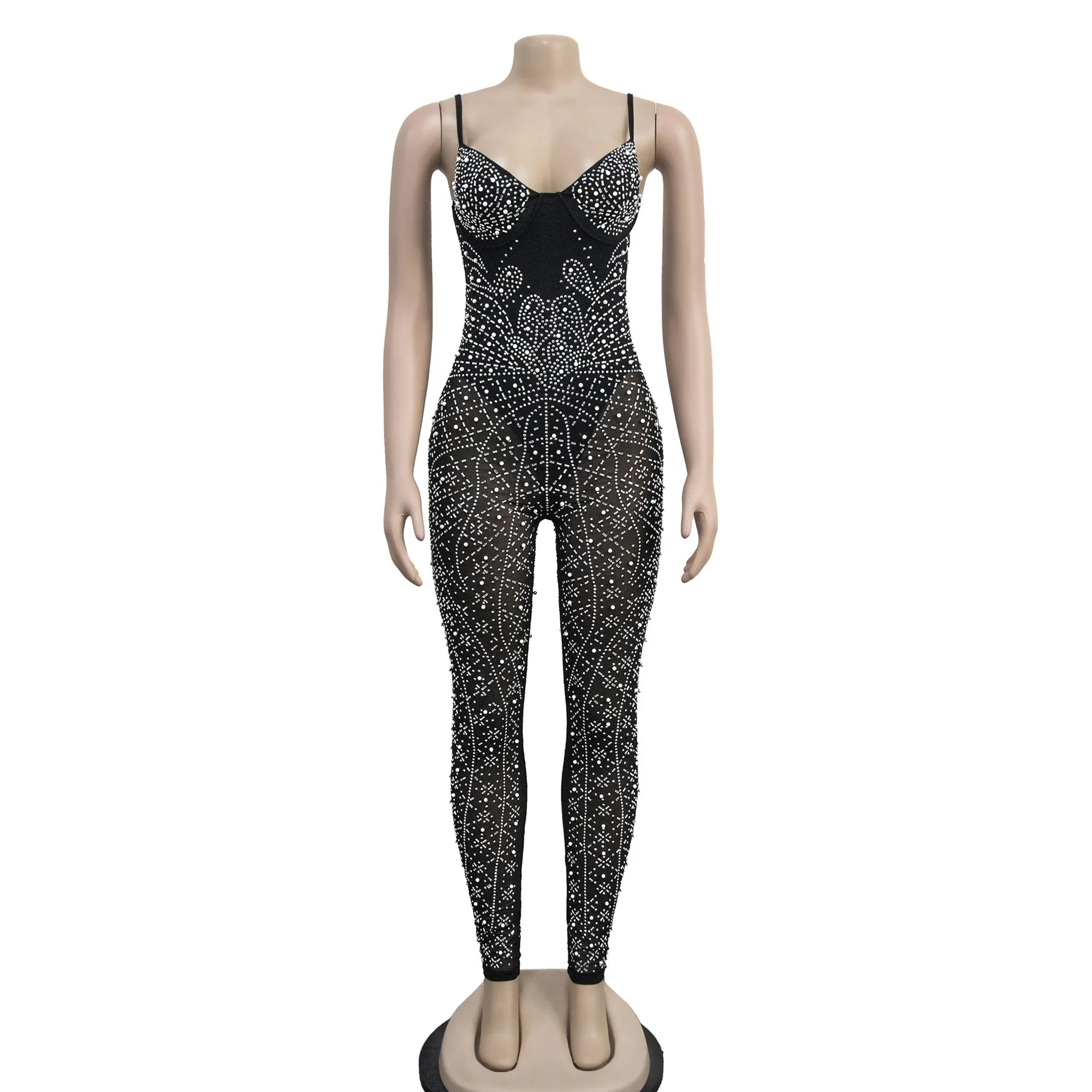 Women's Wear Pure Color Mesh Rhinestone Sleeveless Trousers Jumpsuit