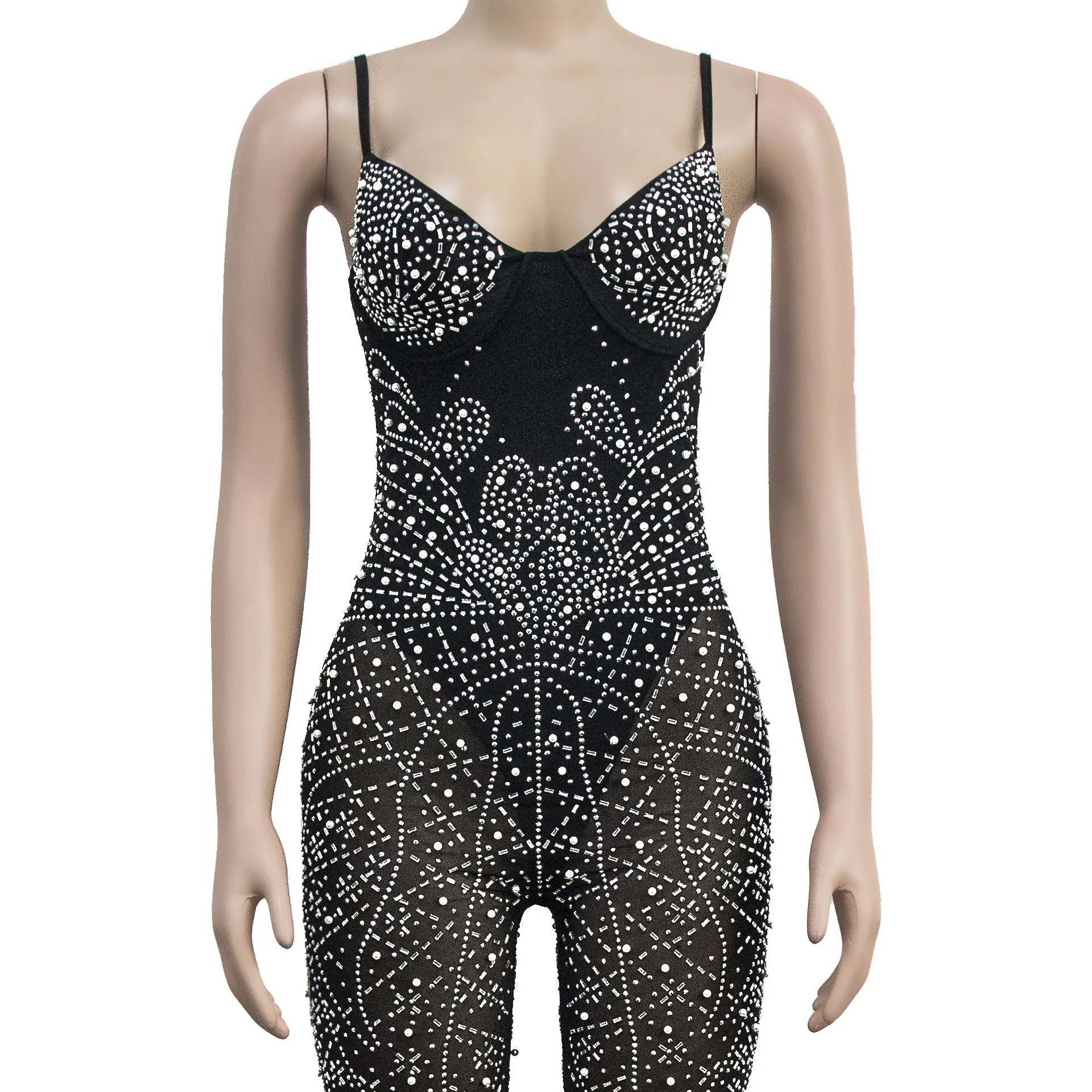 Women's Wear Pure Color Mesh Rhinestone Sleeveless Trousers Jumpsuit