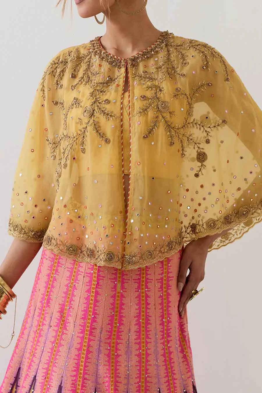 Yellow Embroidered Cape & Cross Stitch Lehenga Skirt Set