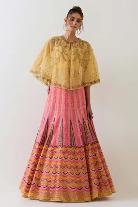 Yellow Embroidered Cape & Cross Stitch Lehenga Skirt Set