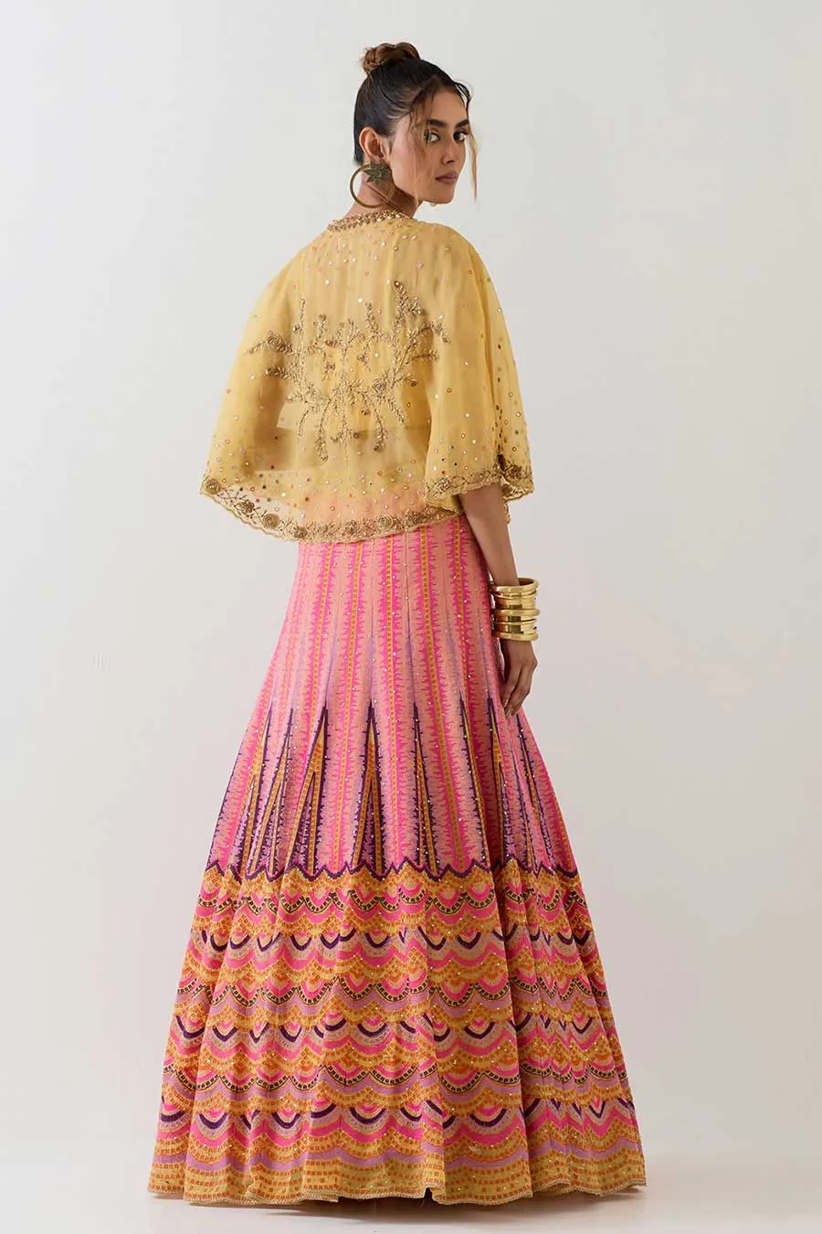 Yellow Embroidered Cape & Cross Stitch Lehenga Skirt Set