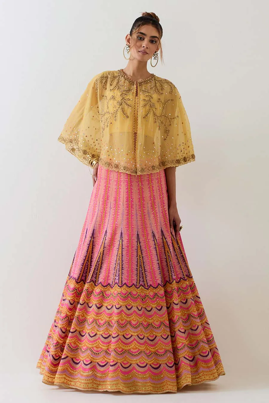 Yellow Embroidered Cape & Cross Stitch Lehenga Skirt Set