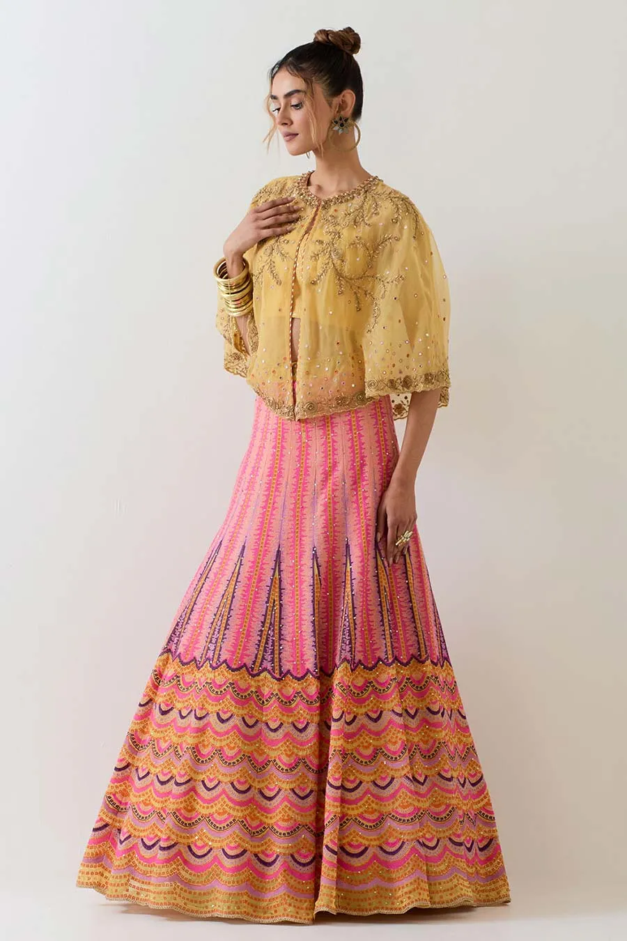 Yellow Embroidered Cape & Cross Stitch Lehenga Skirt Set