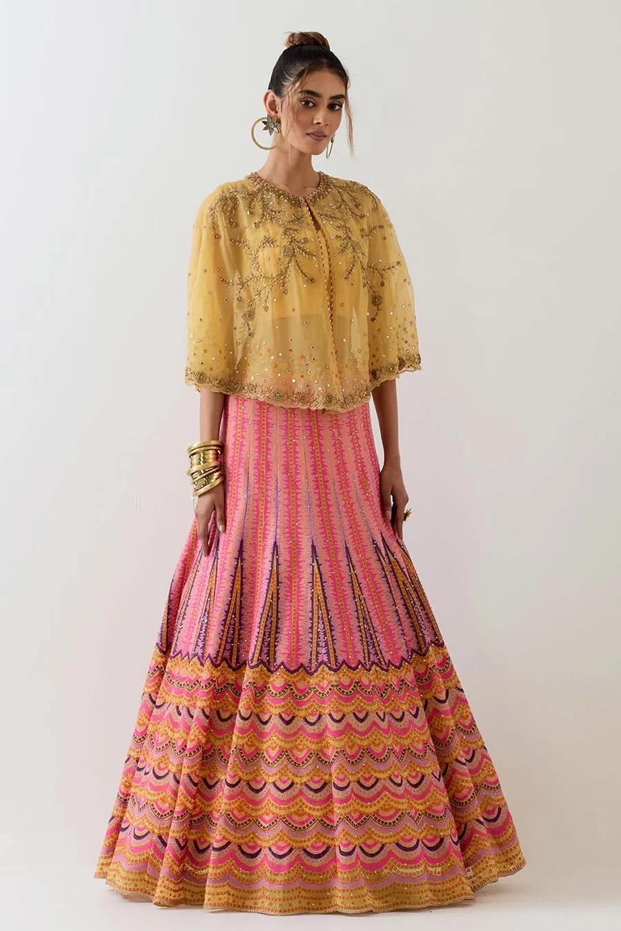 Yellow Embroidered Cape & Cross Stitch Lehenga Skirt Set