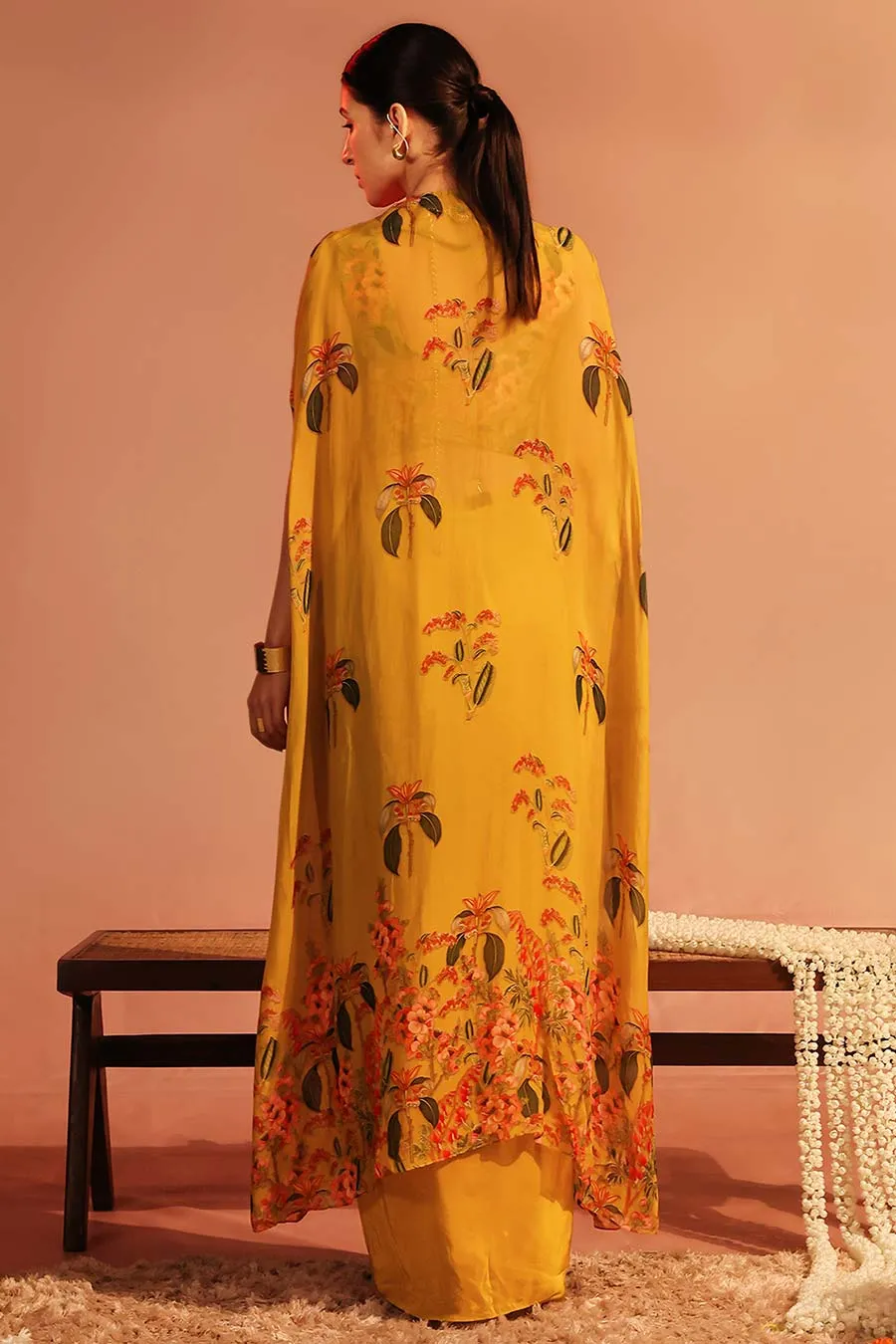 Yellow Tamaya Embellished Drape Skirt Set With Cape