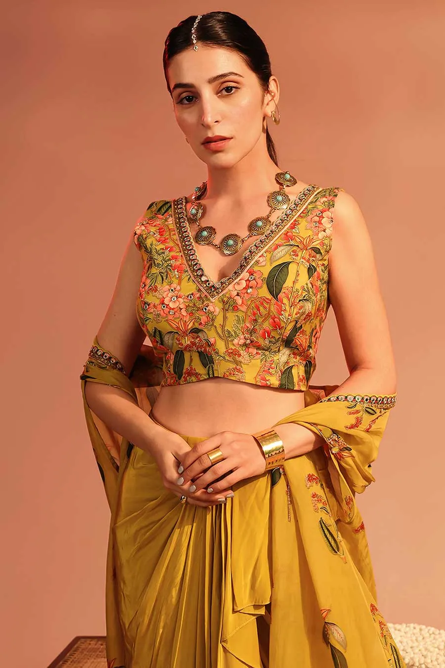 Yellow Tamaya Embellished Drape Skirt Set With Cape