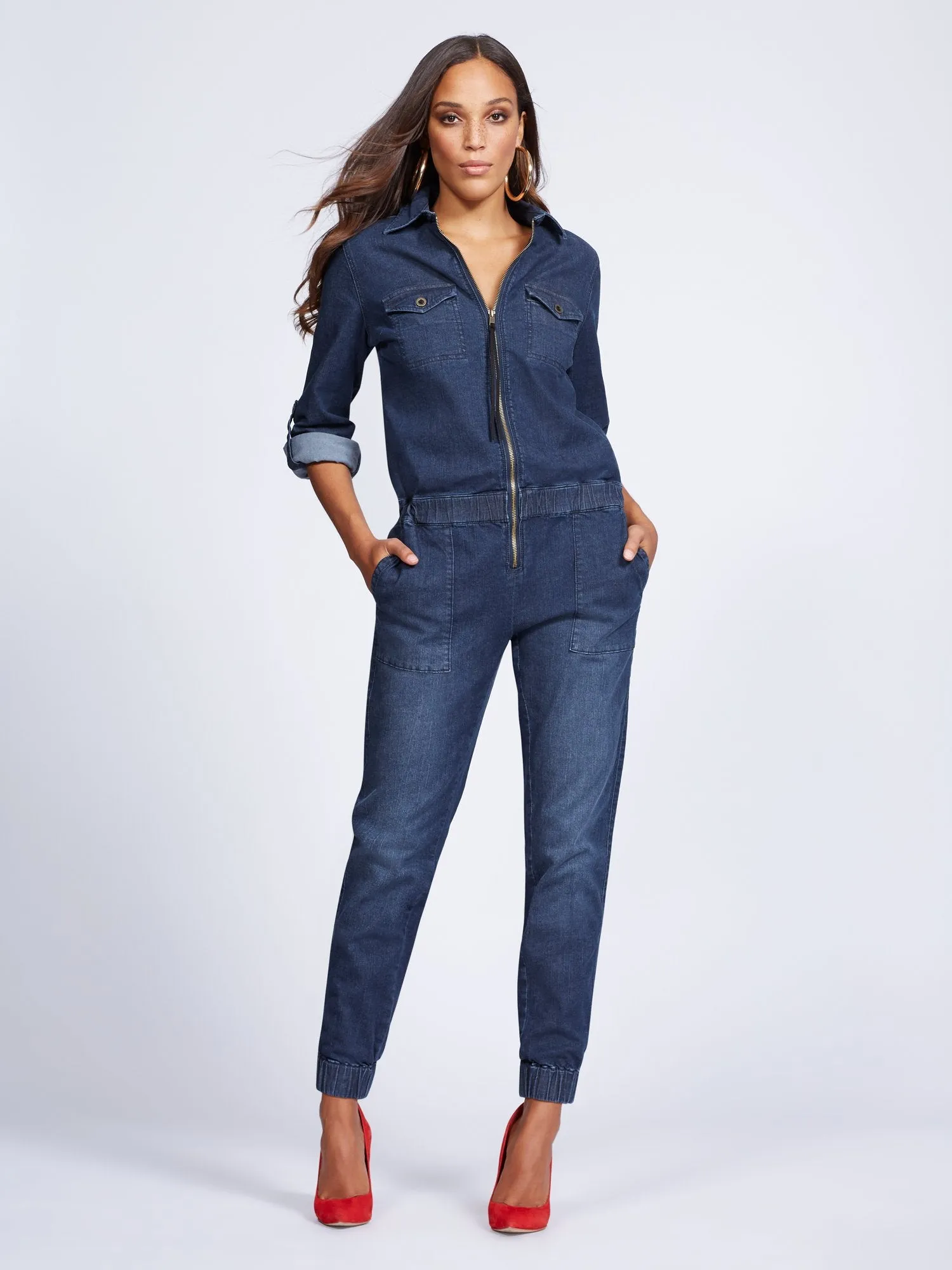 Zip-Front Denim Jumpsuit - Blue Dusk
