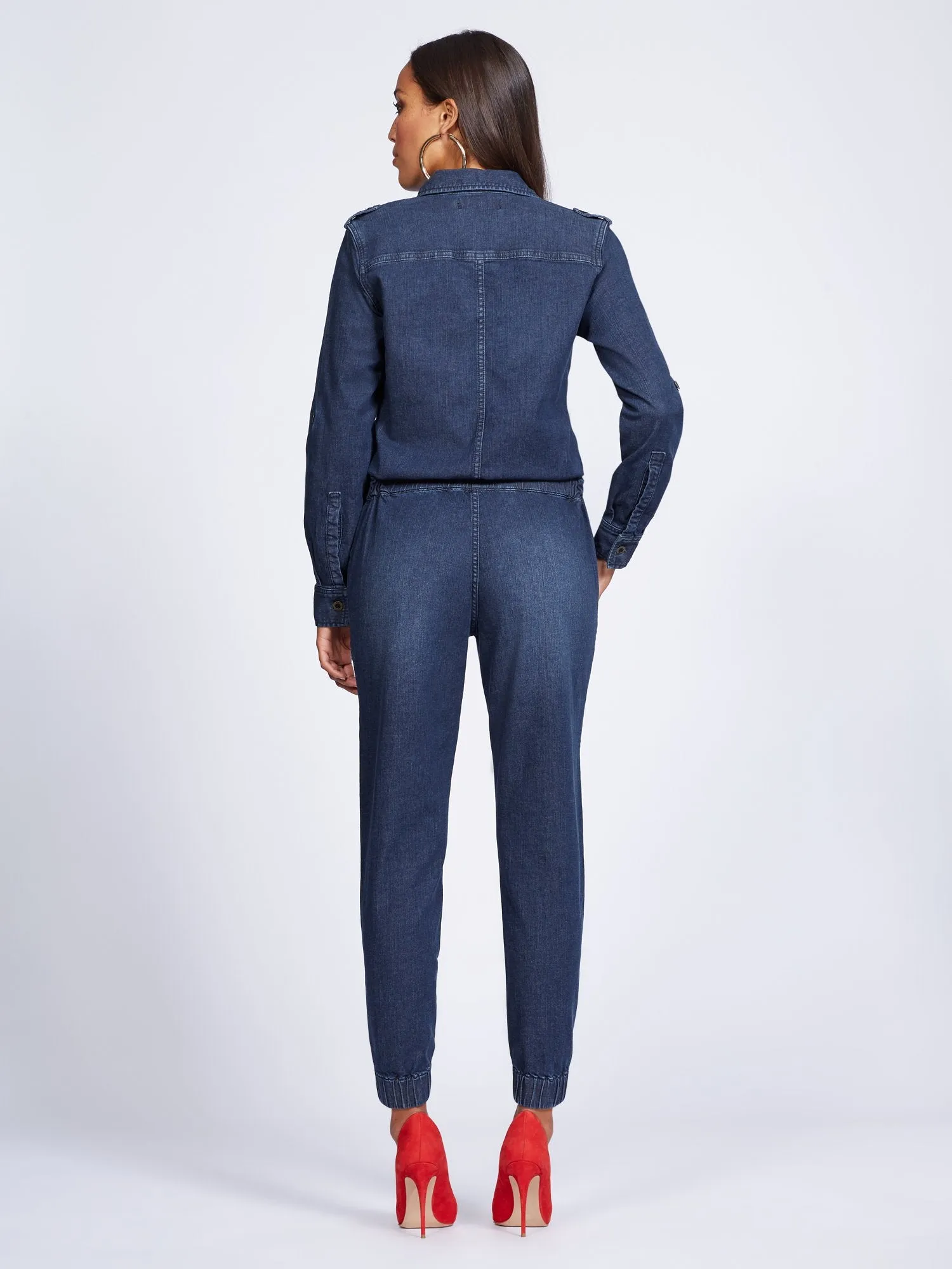 Zip-Front Denim Jumpsuit - Blue Dusk